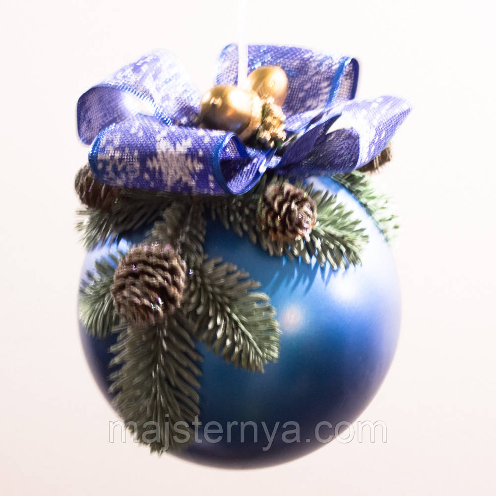 Новорічний декор, велика куля синього кольору з синім бантом