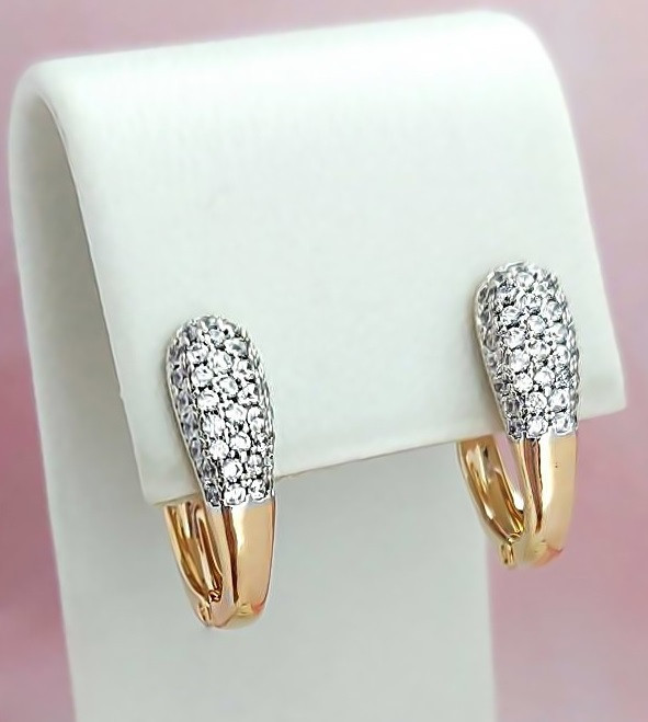 Сережки ХР з білими цирконами. Позолота 18К+ родій. Довжина: 1,6 см