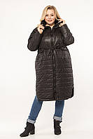 Демисезонная длинная куртка черного цвета с поясом, больших размеров от S до 5XL