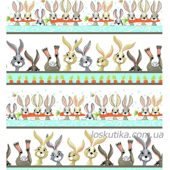 66006 Кролики з морквою. Тканина з зображенням зайцев. Натуральні тканини з малюнком.
