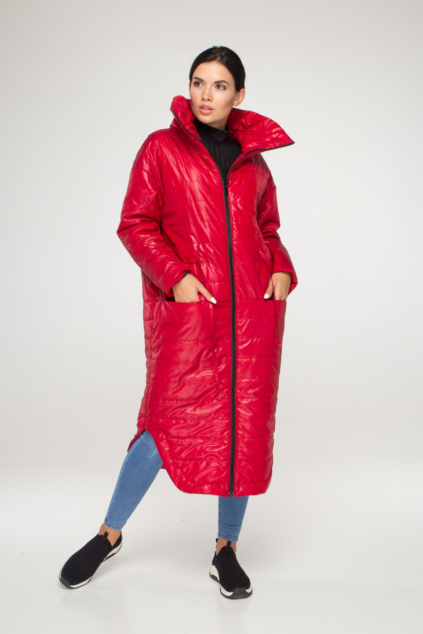 Яскрава жіноча куртка оверсайз червоного кольору з коміром, великих розмірів від S до 5XL