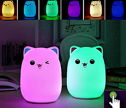 Силіконовий дитячий нічник «Котик» 7 LED кольорів USB нічник-світильник