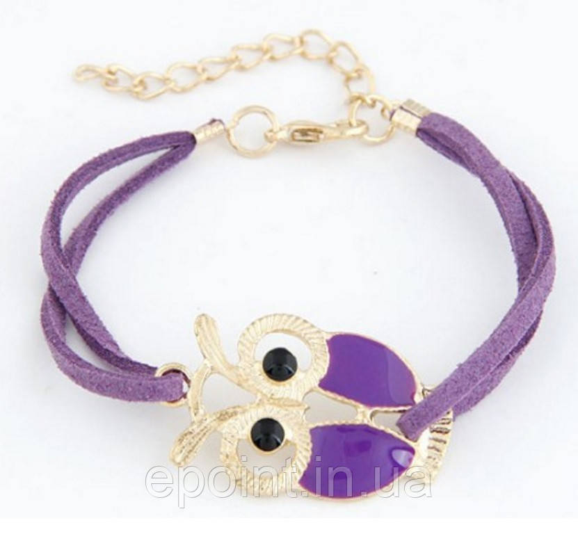 Браслет на шкіряному шнурку з фігуркою Сови фіолетового кольору, застібка/ланцюжок золотистого кольору, фото 1