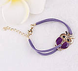 Браслет на шкіряному шнурку з фігуркою Сови фіолетового кольору, застібка/ланцюжок золотистого кольору, фото 2