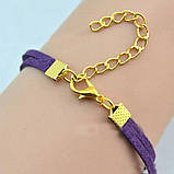 Браслет на шкіряному шнурку з фігуркою Сови фіолетового кольору, застібка/ланцюжок золотистого кольору, фото 3