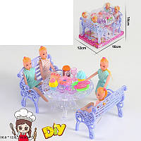 Столовая A8-685 стол, 2 скамейки, кукла 4шт, посуда,сладости,микс цв,в слюде, 16-13-12см
