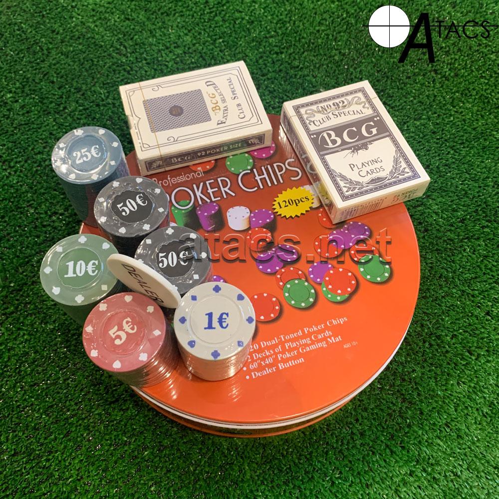 Покерний набір на 120 фішок в круглій металевій коробці Poker Chips №120т
