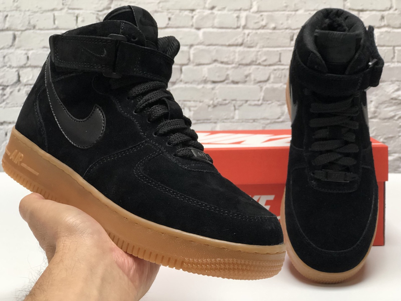 Зимові чоловічі кросівки Nike air force High Взуття Найк Аір Форс чорні високі на хутрі замшеві