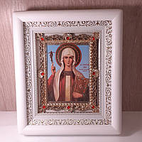 Икона Нина святая Равноапостольная, просветительница Грузии, лик 10х12 см, в белом деревянном киоте с камнями