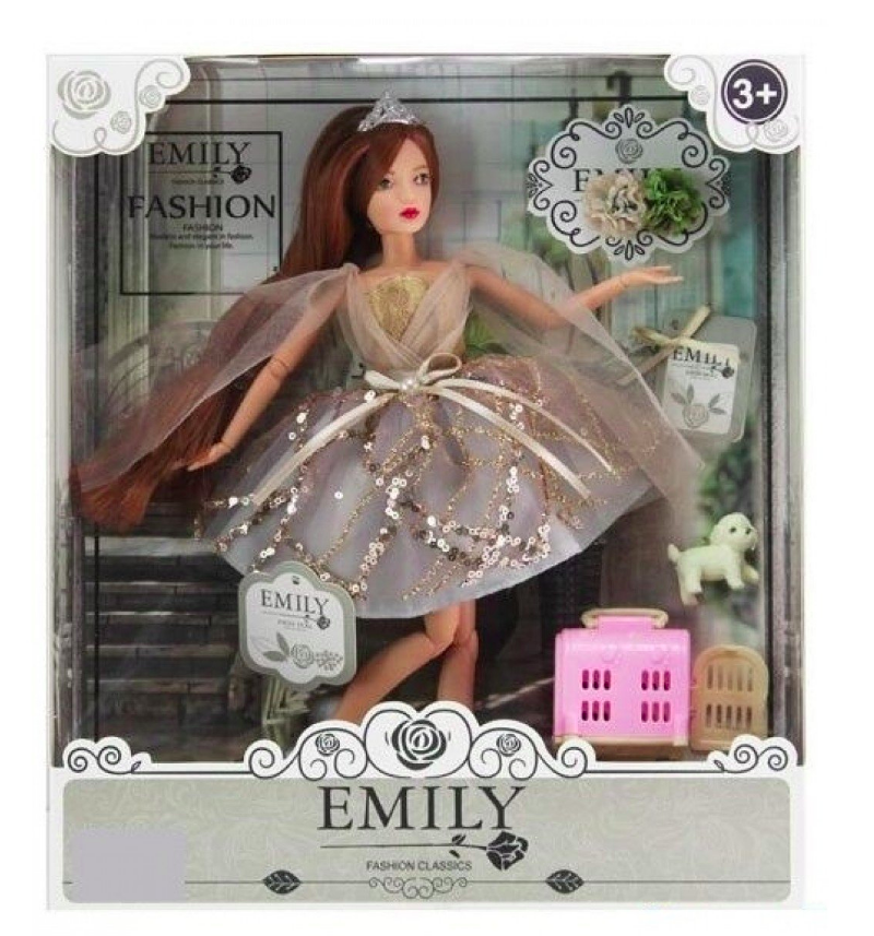 Лялька принцеса Emily з срібною короною, сукню з блискітками і собачкою 090 З