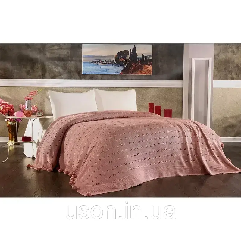 Турецкий Плед Вязаный Акрил/шерсть с Бубонами ТМ Diamond Sabina Pudra ...