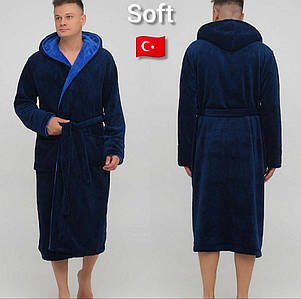 Чоловічий теплий пухнастий халат великого розміру синій