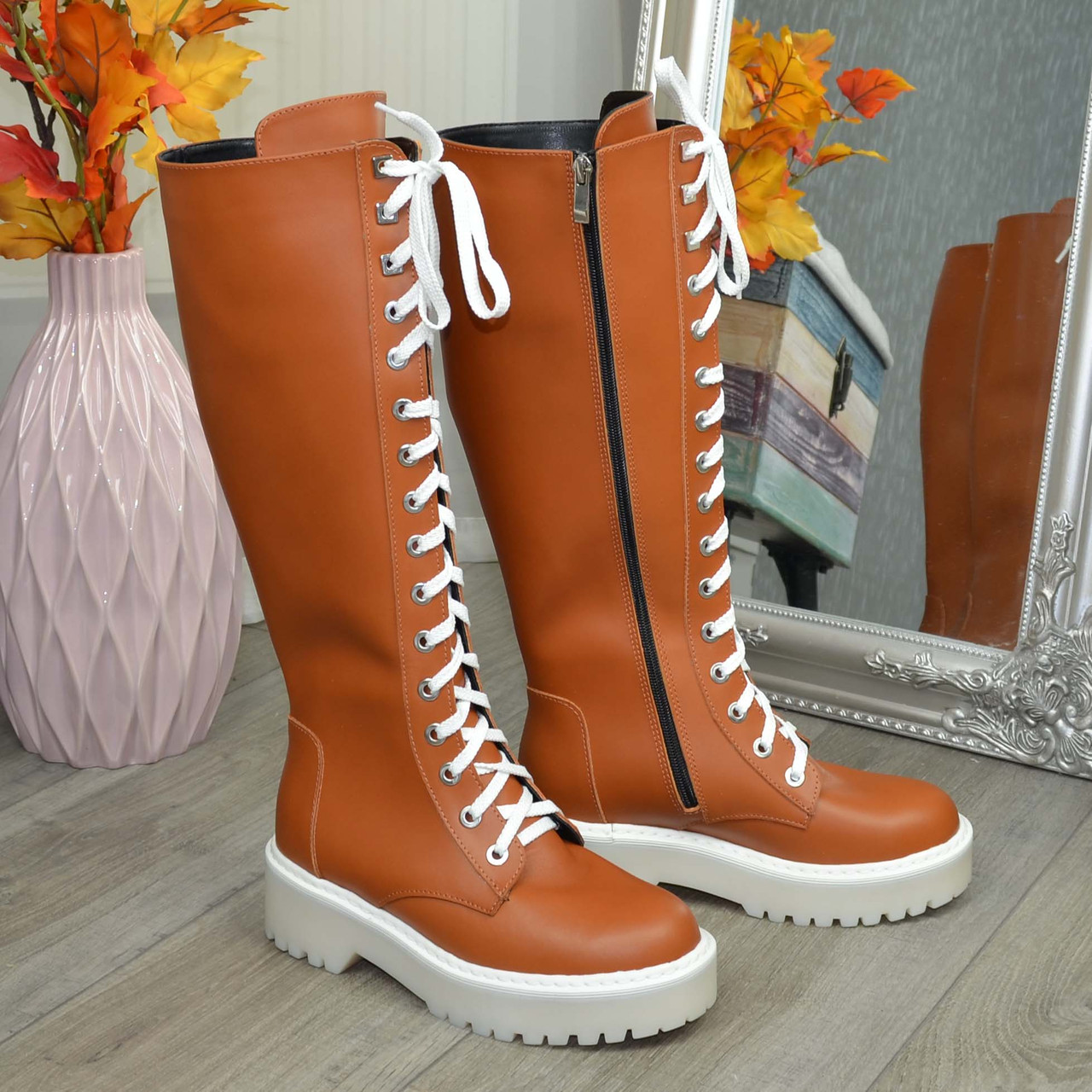 Чоботи жіночі високі на шнурівці. Колір рудий, фото 1