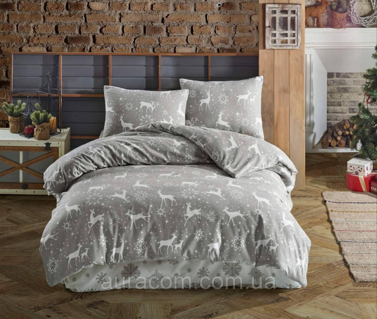 Комплект постільної білизни з фланелі, євро розмір, сірий з оленями, Belizza, Туреччина, фото 1
