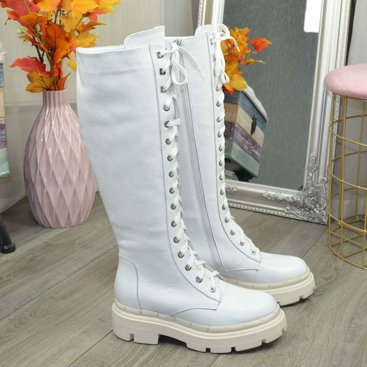 Чоботи білі жіночі високі на шнурівці, натуральна шкіра флотар, фото 1