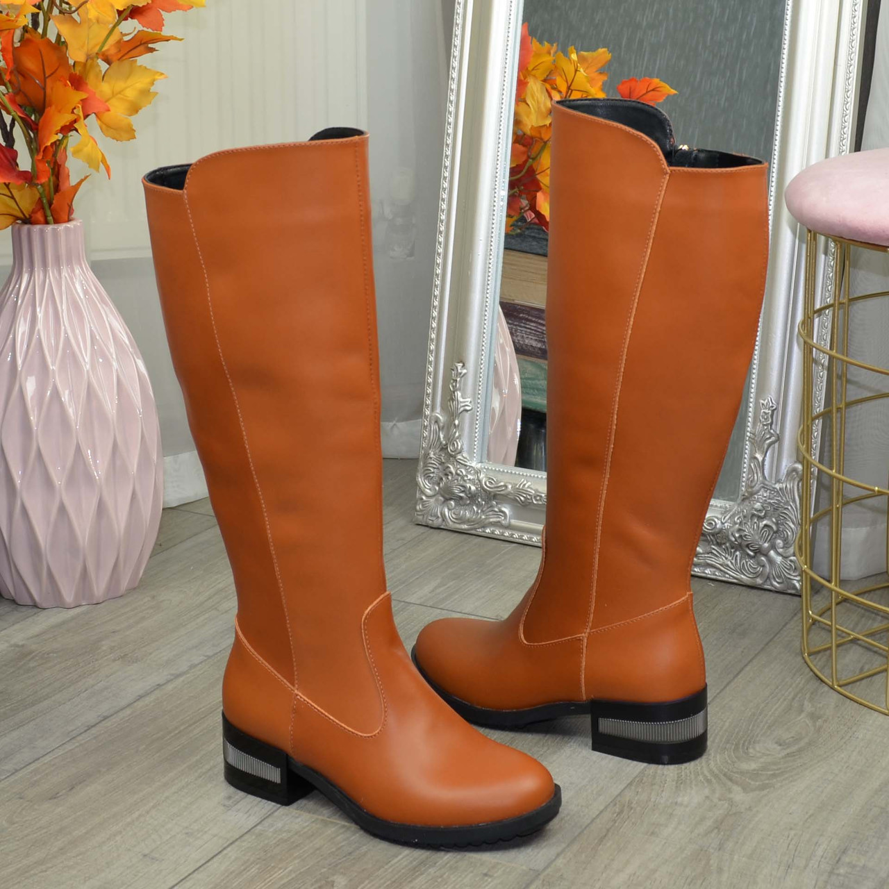 Чоботи шкіряні на невисоких підборах, колір рудий, фото 1