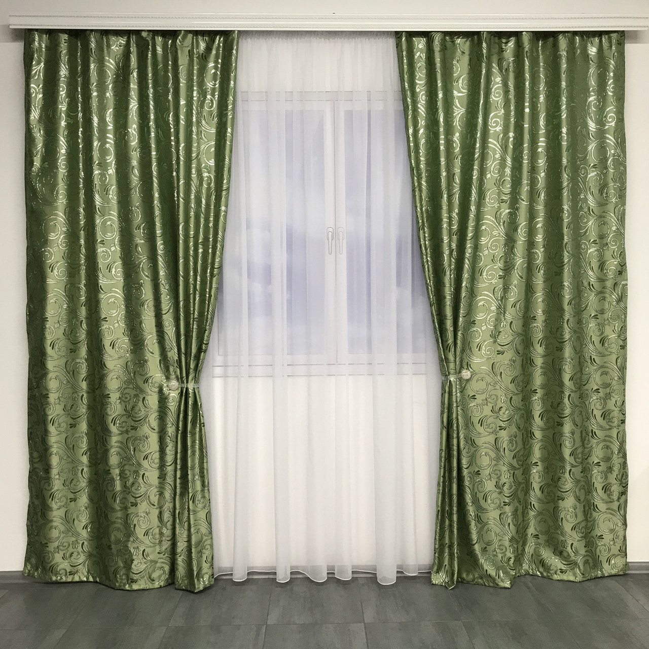 Портьерная ткань для штор Жаккард зеленого цвета с вензелями - фото 8 - id-p1246393335
