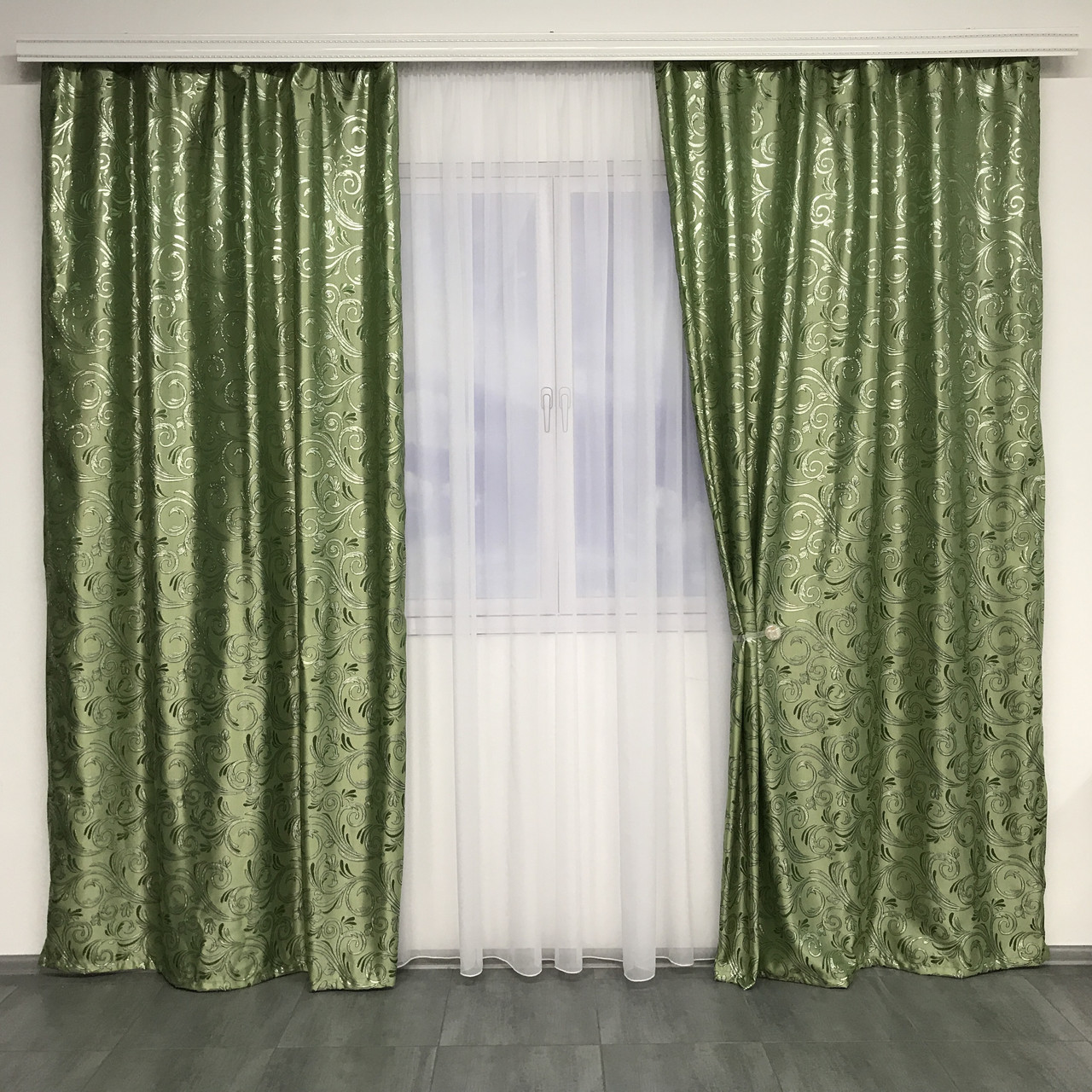 Портьерная ткань для штор Жаккард зеленого цвета с вензелями - фото 9 - id-p1246393335