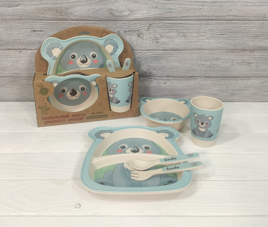 Посуд дитячий бамбук "Коала" 5пр/наб (2тарелки, вилка, ложка, чашка) MH-2774-1 / Дитяча бамбукова, фото 1