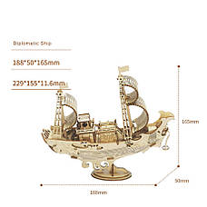 Дерев'яний конструктор Robotime 3D Дипломатичний японський корабель 91 деталь 188х50х165 мм, фото 2