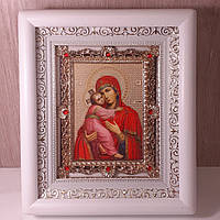 Икона Владимирская Пресвятая Богородица, лик 10х12 см, в белом деревянном киоте с камнями