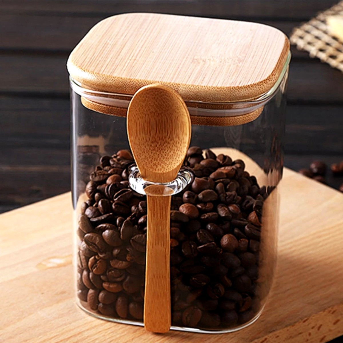 Квадратна скляна банка з дерев'яною ложкою з бамбуковою кришкою 800 мл
