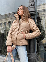 Теплая женская стильная куртка эко-кожа 42 44 46 черный бежевый кофейный