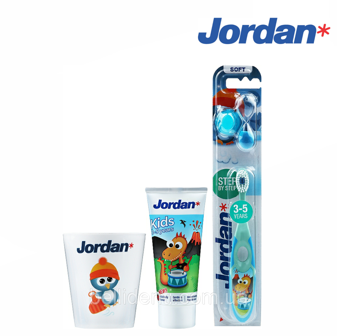 Набір Jordan Kids 0-5 років (зубна паста 50 мл+зубна щітка+стаканчик) динозаврик
