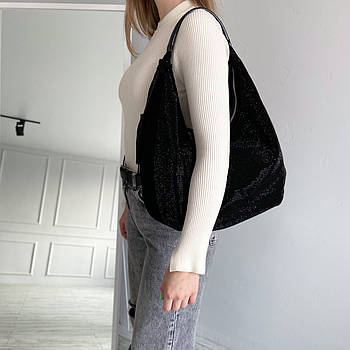 Жіноча замшева сумка хобо з камінням на плече Polina & Eiterou чорна