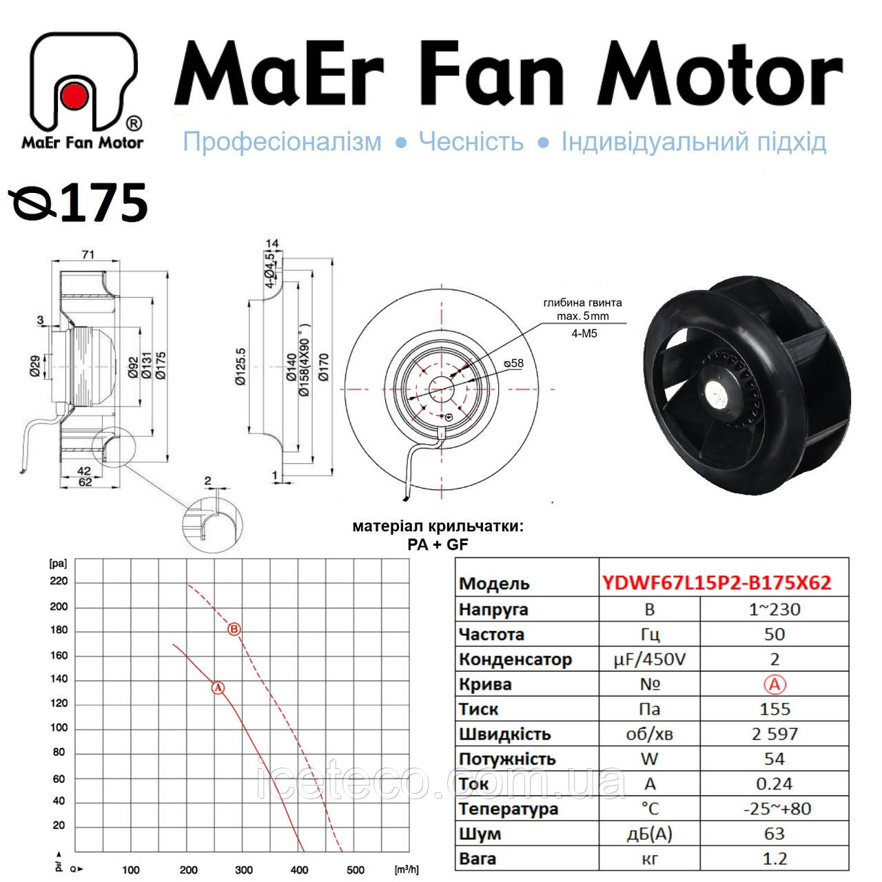 Вентилятор центрогонного (175мм) YDWF67L152-B175X62 MaEr Fan Motor