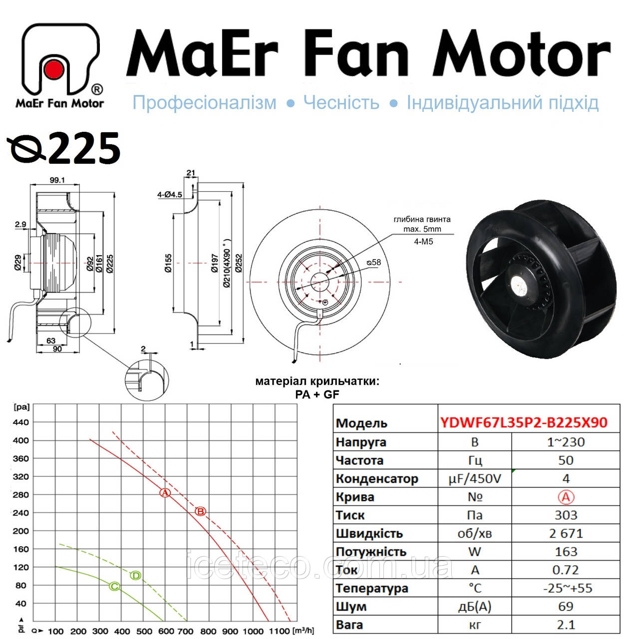 Вентилятор центрогонний (225мм) YDWF67L35P2-B225X90 MaEr Fan Motor