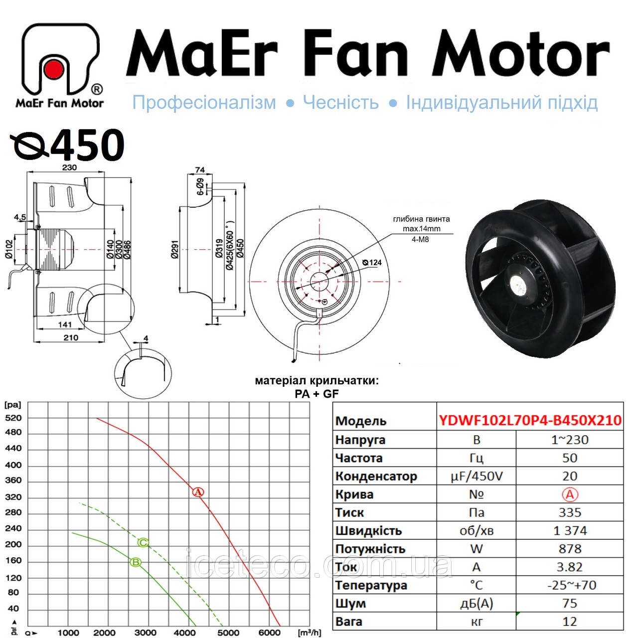 Вентилятор центробіжний (450м) YDWF102L70P4-B450X210 MaEr Fan Motor