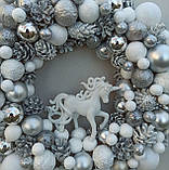 Срібно-білий новорічний вінок на двері 31-32 см, фото 2