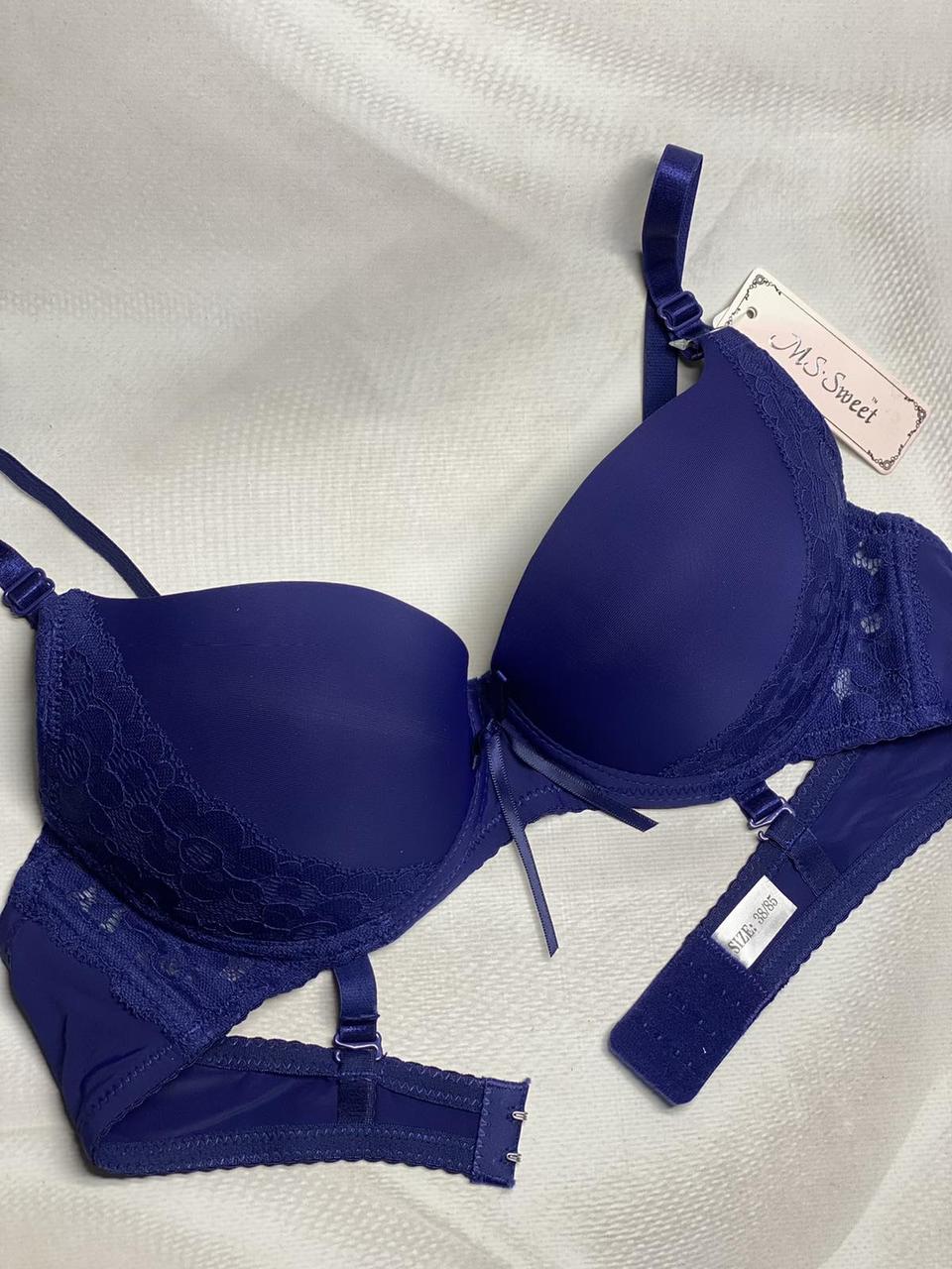 Бюстгальтер гладкий синій M.S. Sweet чашка В по боках на чашці мереживо 8049-3, фото 1
