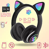 ПОДАРОК карта памяти Bluetooth детские наушники с кошачими ушками и подсветкой Cat Ear Черные