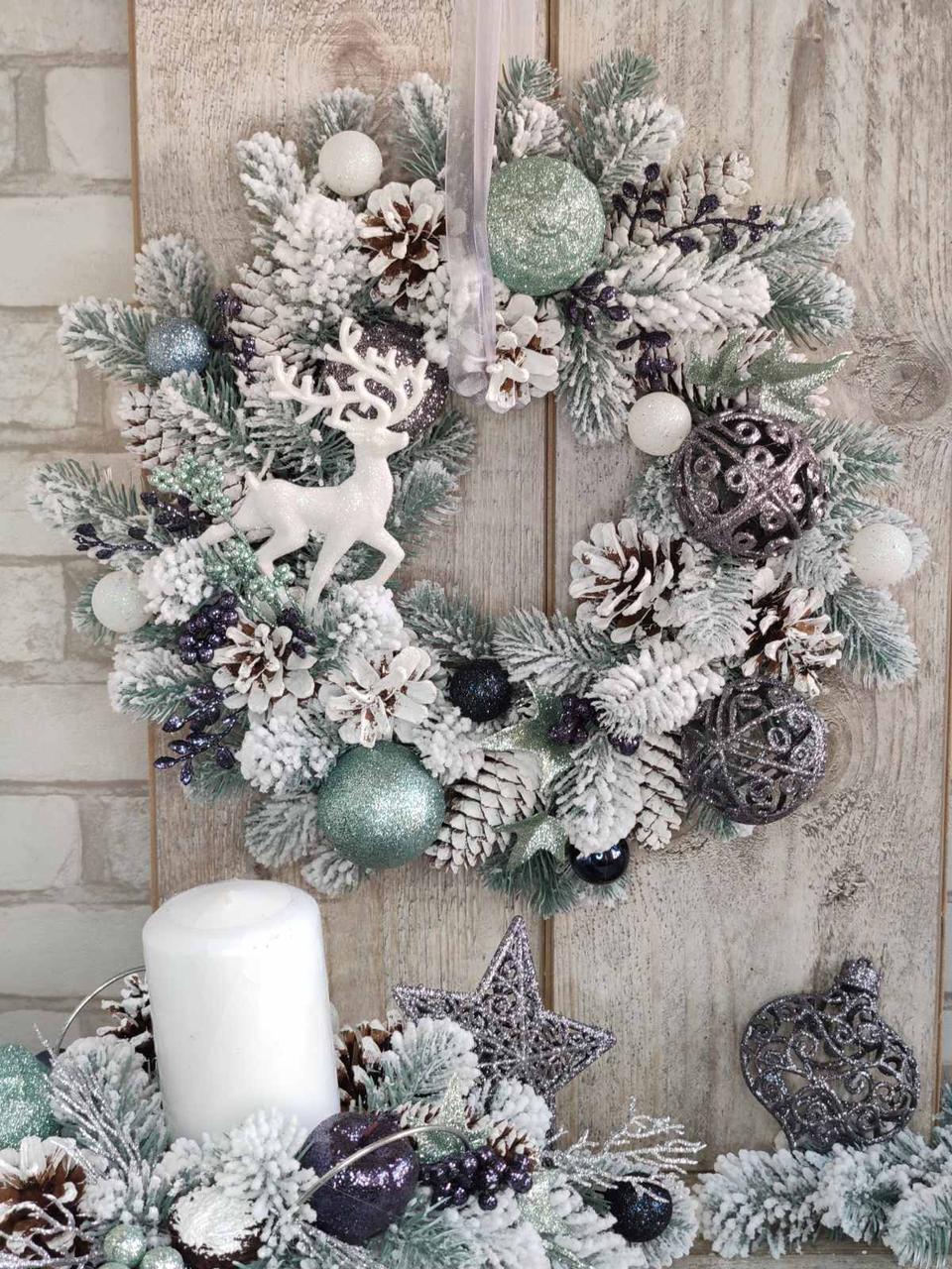Новорічний вінок на двері Нічна м'ята, д 38-40 см, вінок оберег на Різдво, фото 1