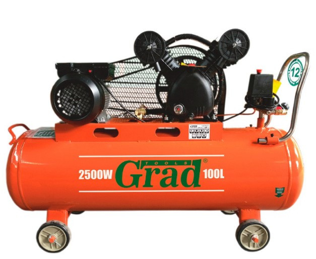 Компресор ремінний V 2.5 кВт 378л/хв 8бар 100л (2 крана) Grad (7044185) + набір, фото 1