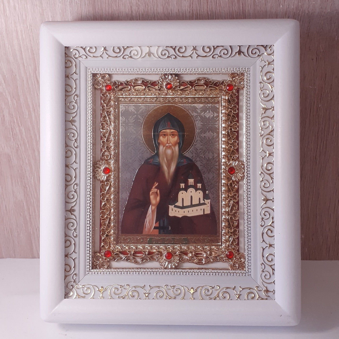 Ікона Олега Брянського святого князя, лик 10х12 см, у білому дерев'яному кіоті з камінням, фото 1