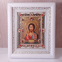 Икона Господа Вседержителя, лик 10х12 см, в белом деревянном киоте с камнями