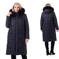 Жіноча зимова підлога пальто. Жіноча зимова подовжена курточка з хутром на капюшоні. Пуховики зимові Р-46-58