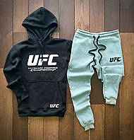 Мужской спортивный костюм зимний теплый UFC черно-серый | Комплект теплый ЮФС Кофта + Штаны на флисе
