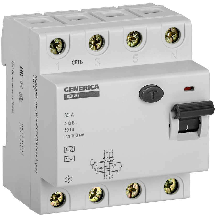 Вимикач диференціальний (УЗО) GENERICA ВД1-63 4Р 32А 100МА, фото 1