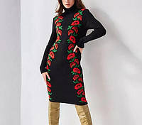 Вязаные платья - 1044-гу - Стильное теплое платье на осень-зиму . Красивое вязаное платье с цветочным рисунком