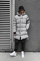 Пуховик куртка мужская зимняя серая теплая с капюшоном удлиненная на пуху