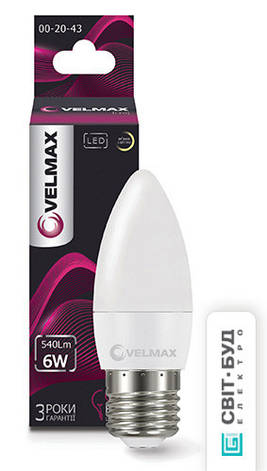 LED лампа Velmax V-C37, 6W, E27, 3000K, 540Lm, кут 260 °, фото 1