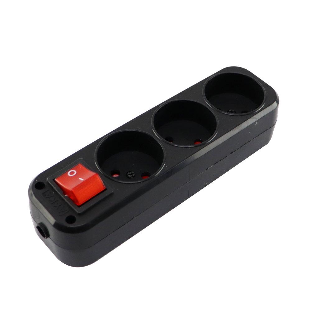 Колодка 3 гнізда без заземлення, 16А, зі шторками, з вимикачем, чорна, AY-KA