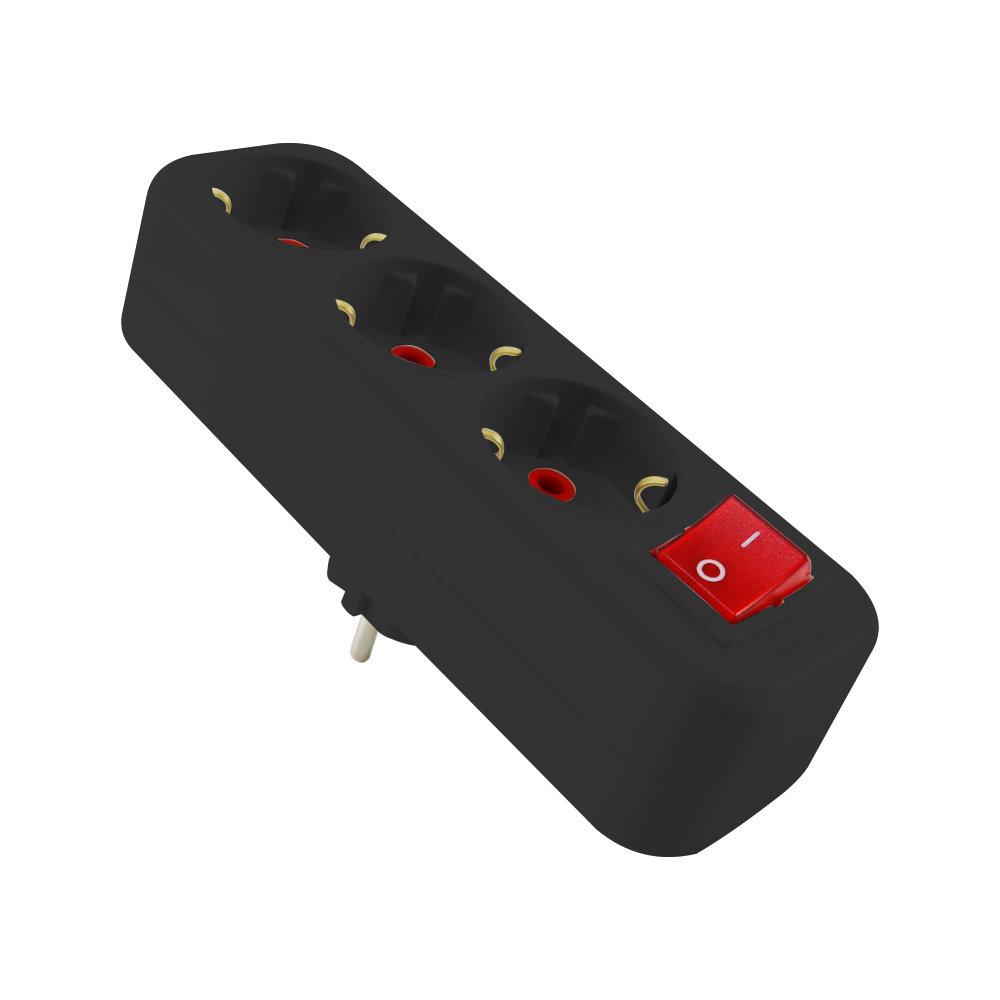 Трійник-розгалужувач з заземленням, 16А, прямий, з вимикачем, чорний, AY-KA