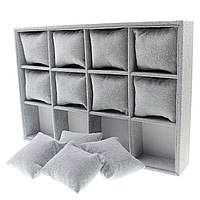 Планшет під годинник і браслети горизонтальний із подушечками 3 ряди 12 комірок розмір 25х35 см комірка 8 см сірий велюр