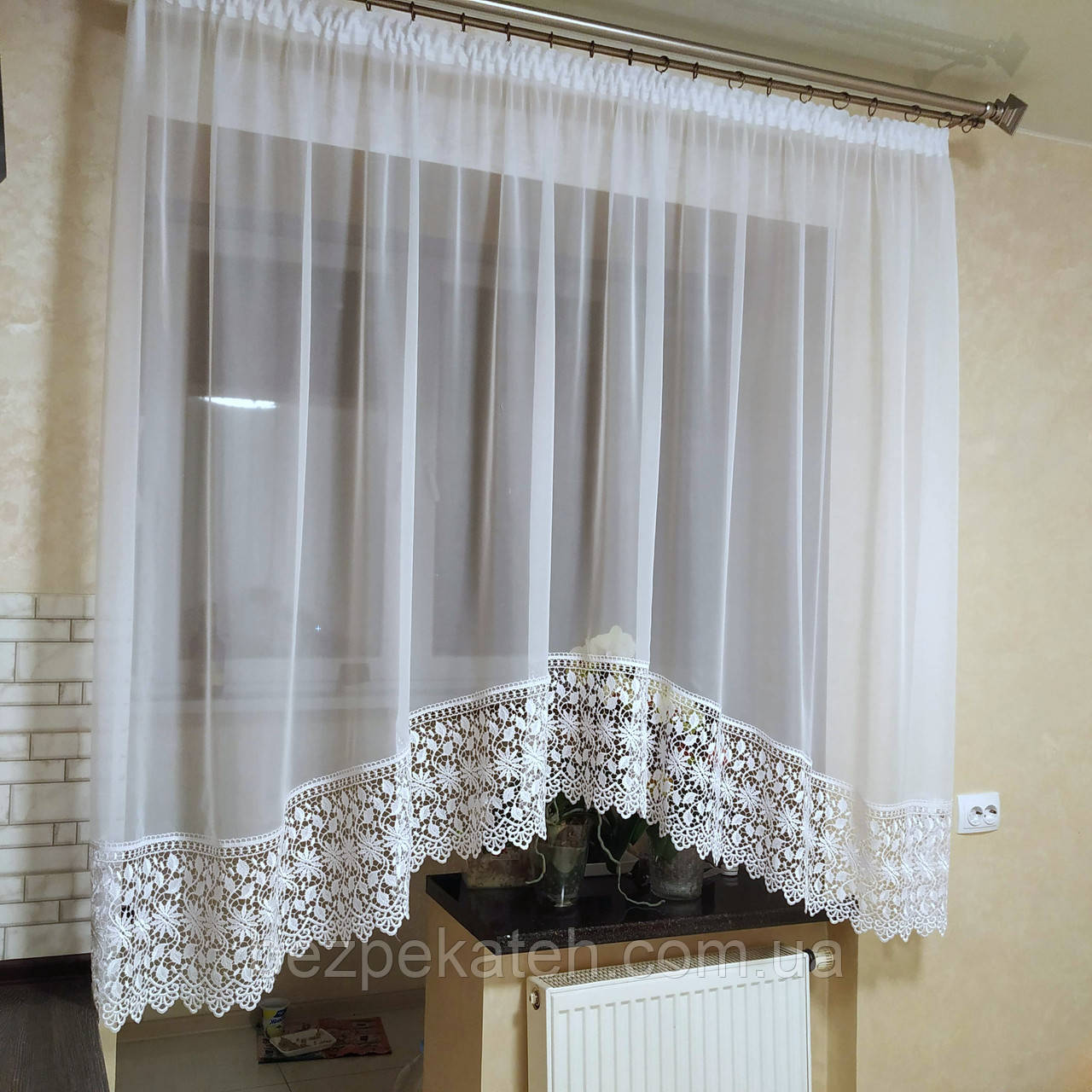 Красива мереживна арка. Красива кухонні тюль. Коротка тюлі для кухні. Готова тюль на кухню. Тюль арка, фото 1