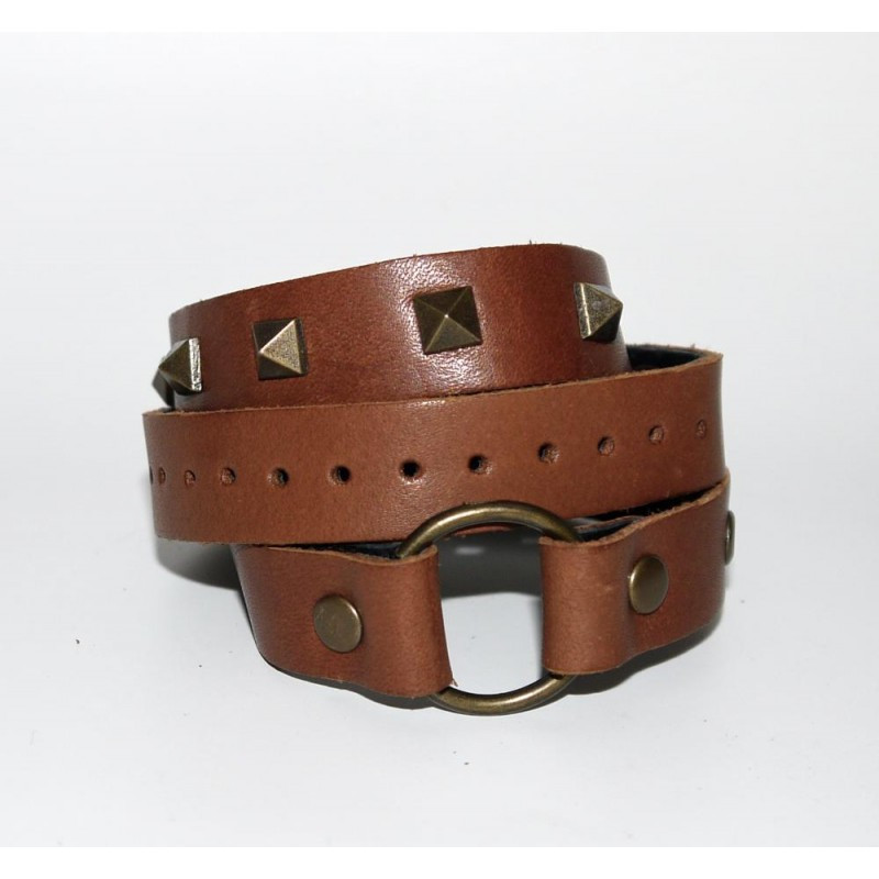 Браслет шкіряний обгортка з конусними заклепками та кільцем регулюється кнопками, фото 1